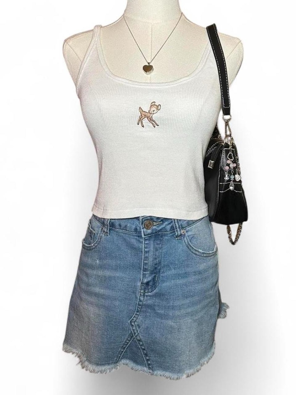 Brandy Melville White Ribbed Cropped Tank Embroidered Fawn Cottagecore Coquette
